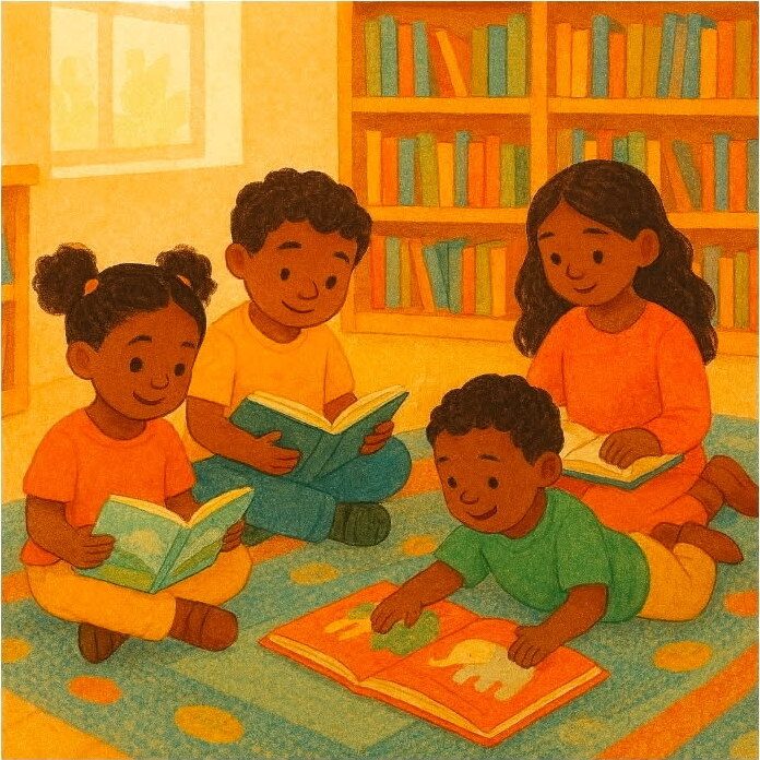 Illustration of children reading together in a bright classroom library.